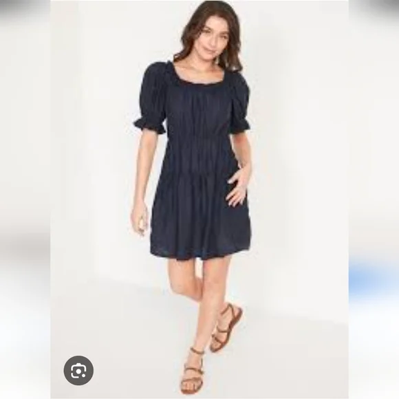 old navy embroidered mini swing dress Puff-Sleeve Tiered Smocked Embroidered Mini Swing Dress, Size L